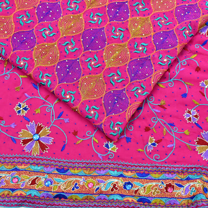 Indian Vintage Sari Rani Pink Pure Georgette Silk Hand Embroidered Sarees Ethnic Fabric 5Yd Sewing Soft Ethnic Glass Beaded Wedding Sarees