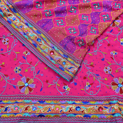 Indian Vintage Sari Rani Pink Pure Georgette Silk Hand Embroidered Sarees Ethnic Fabric 5Yd Sewing Soft Ethnic Glass Beaded Wedding Sarees