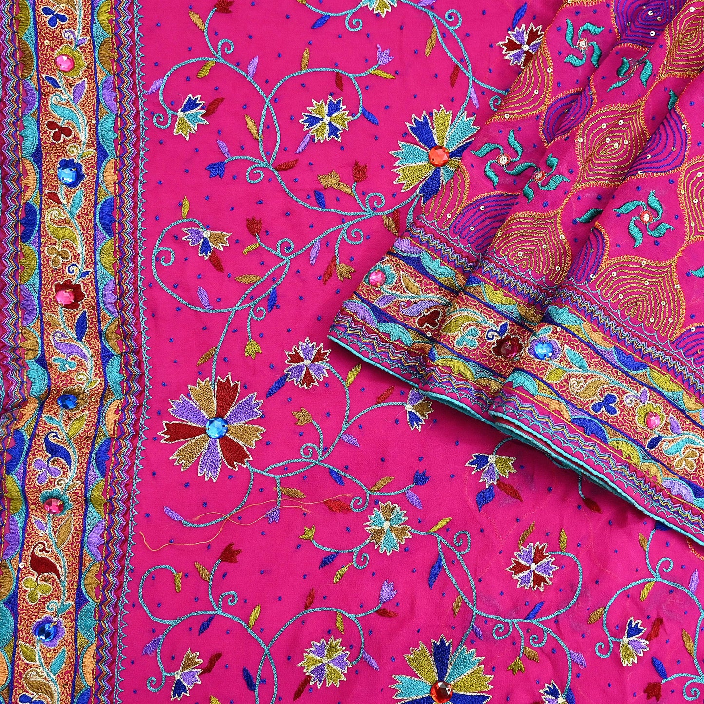 Indian Vintage Sari Rani Pink Pure Georgette Silk Hand Embroidered Sarees Ethnic Fabric 5Yd Sewing Soft Ethnic Glass Beaded Wedding Sarees