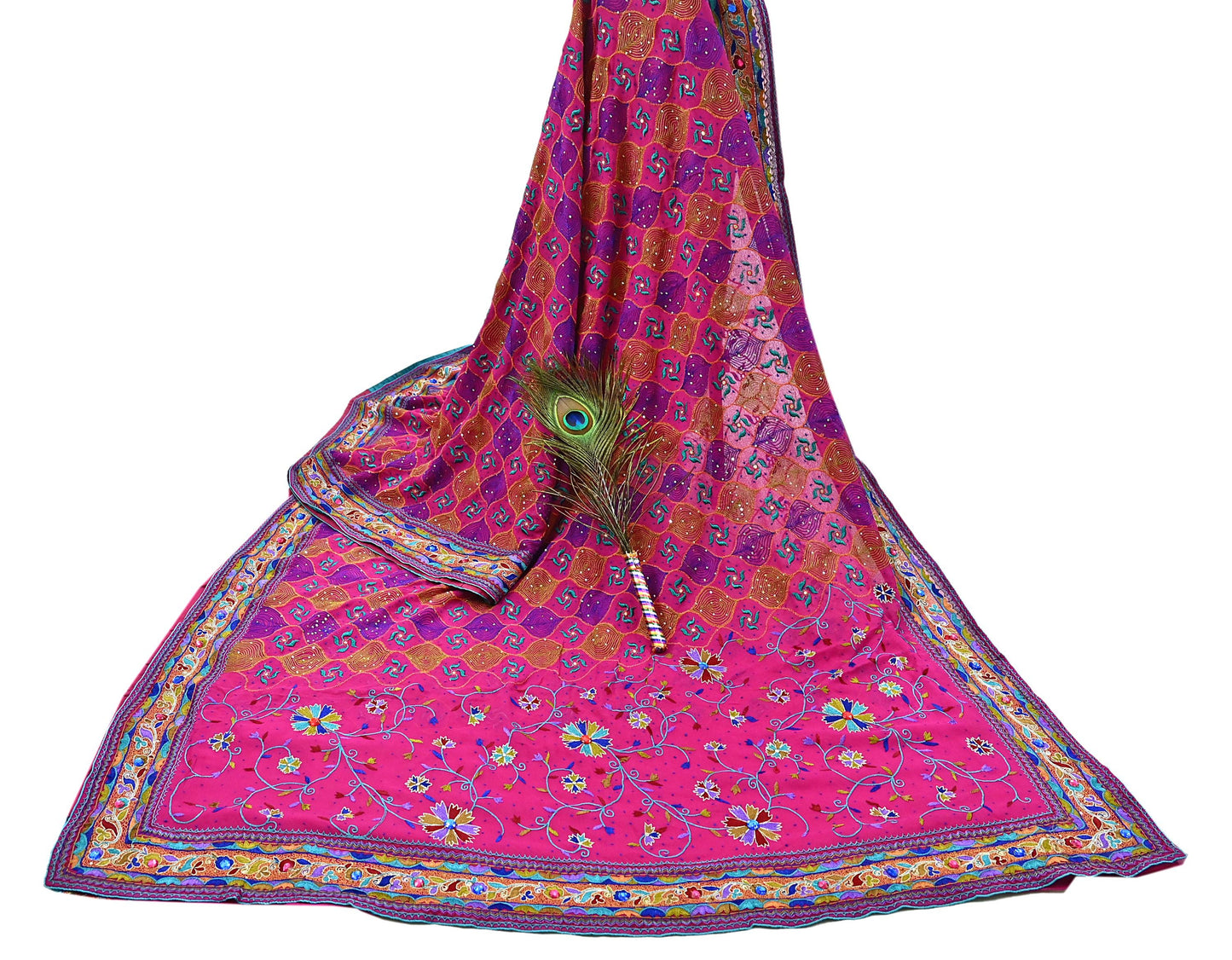 Indian Vintage Sari Rani Pink Pure Georgette Silk Hand Embroidered Sarees Ethnic Fabric 5Yd Sewing Soft Ethnic Glass Beaded Wedding Sarees