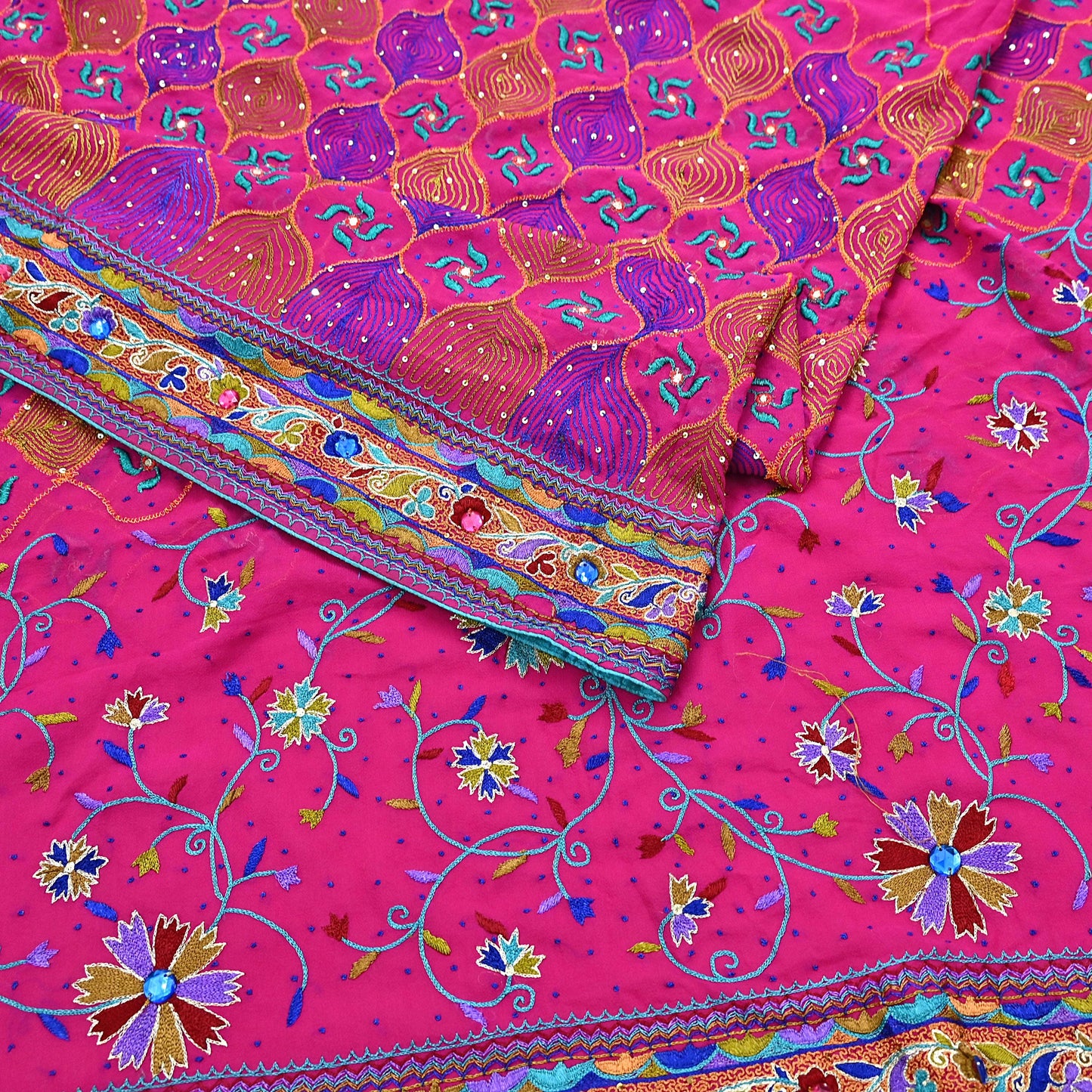 Indian Vintage Sari Rani Pink Pure Georgette Silk Hand Embroidered Sarees Ethnic Fabric 5Yd Sewing Soft Ethnic Glass Beaded Wedding Sarees
