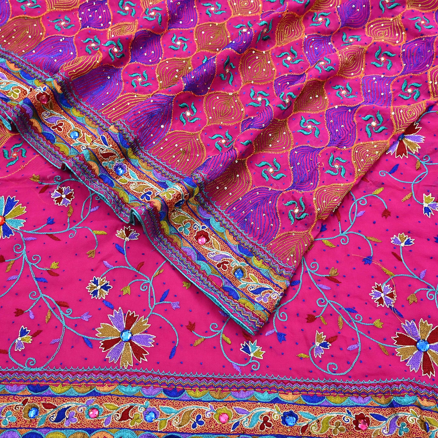 Indian Vintage Sari Rani Pink Pure Georgette Silk Hand Embroidered Sarees Ethnic Fabric 5Yd Sewing Soft Ethnic Glass Beaded Wedding Sarees