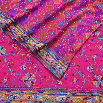 Indian Vintage Sari Rani Pink Pure Georgette Silk Hand Embroidered Sarees Ethnic Fabric 5Yd Sewing Soft Ethnic Glass Beaded Wedding Sarees