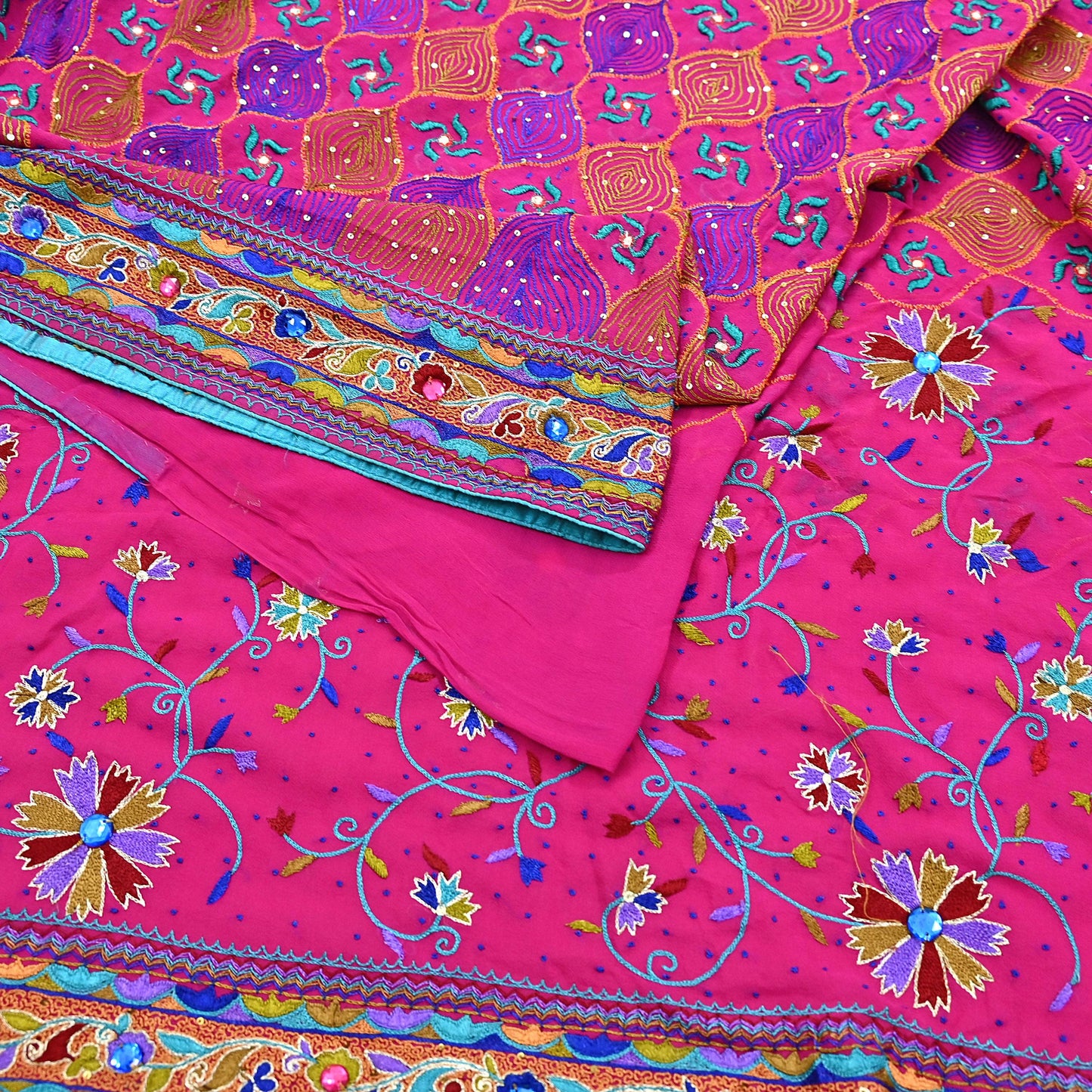Indian Vintage Sari Rani Pink Pure Georgette Silk Hand Embroidered Sarees Ethnic Fabric 5Yd Sewing Soft Ethnic Glass Beaded Wedding Sarees