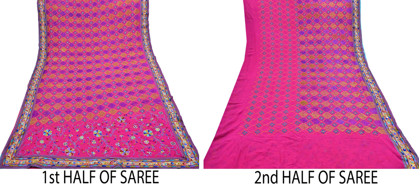 Indian Vintage Sari Rani Pink Pure Georgette Silk Hand Embroidered Sarees Ethnic Fabric 5Yd Sewing Soft Ethnic Glass Beaded Wedding Sarees