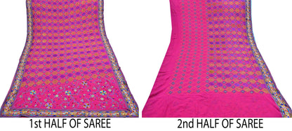 Indian Vintage Sari Rani Pink Pure Georgette Silk Hand Embroidered Sarees Ethnic Fabric 5Yd Sewing Soft Ethnic Glass Beaded Wedding Sarees