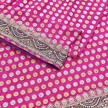 Indian Vintage Heavy Magenta Bridal Dupatta Pure Georgette Silk Hand Embroidered Zardozi, Dabka, Zari Work Party Wear Long Stole