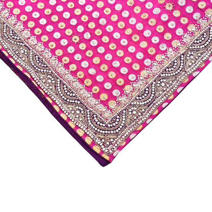 Indian Vintage Heavy Magenta Bridal Dupatta Pure Georgette Silk Hand Embroidered Zardozi, Dabka, Zari Work Party Wear Long Stole