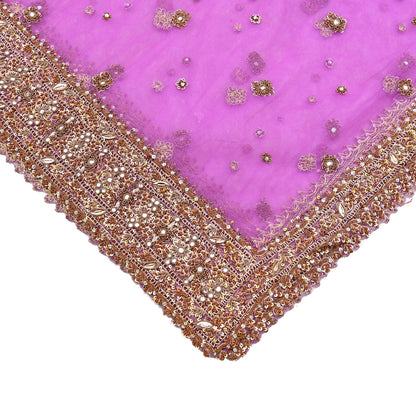 Indian Vintage wedding Hand Embroidered Purple Net Dupatta Zardozi Stole Veil Hijab Bridal