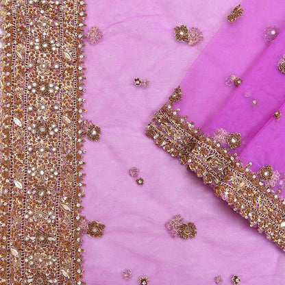 Indian Vintage wedding Hand Embroidered Purple Net Dupatta Zardozi Stole Veil Hijab Bridal