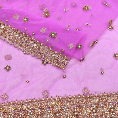 Indian Vintage wedding Hand Embroidered Purple Net Dupatta Zardozi Stole Veil Hijab Bridal