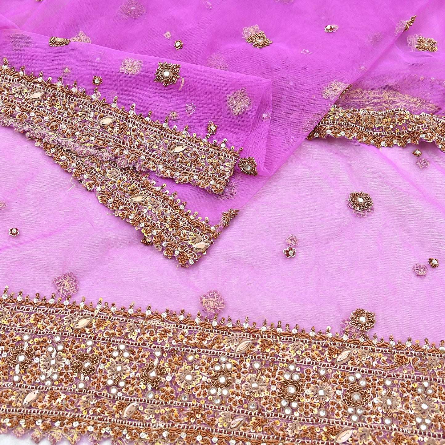 Indian Vintage wedding Hand Embroidered Purple Net Dupatta Zardozi Stole Veil Hijab Bridal