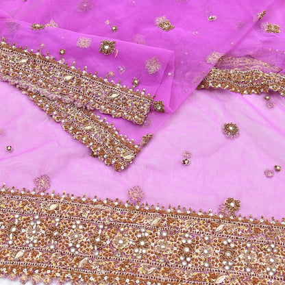Indian Vintage wedding Hand Embroidered Purple Net Dupatta Zardozi Stole Veil Hijab Bridal