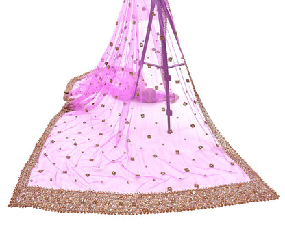Indian Vintage wedding Hand Embroidered Purple Net Dupatta Zardozi Stole Veil Hijab Bridal