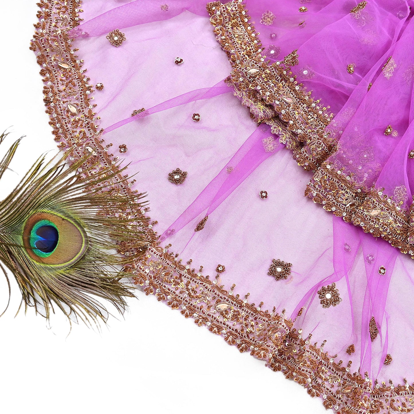 Indian Vintage wedding Hand Embroidered Purple Net Dupatta Zardozi Stole Veil Hijab Bridal