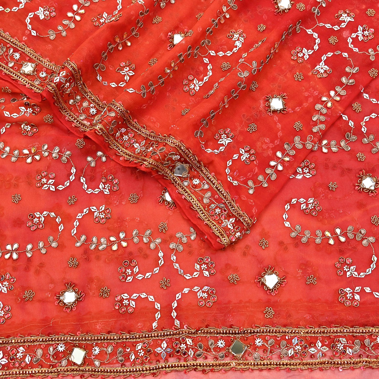 Indian Vintage Heavy orange Dupatta Pure Georgette Silk Long Stole Hand Embroidered Gota Patti Scarves Zardozi