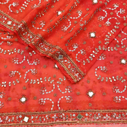 Indian Vintage Heavy orange Dupatta Pure Georgette Silk Long Stole Hand Embroidered Gota Patti Scarves Zardozi