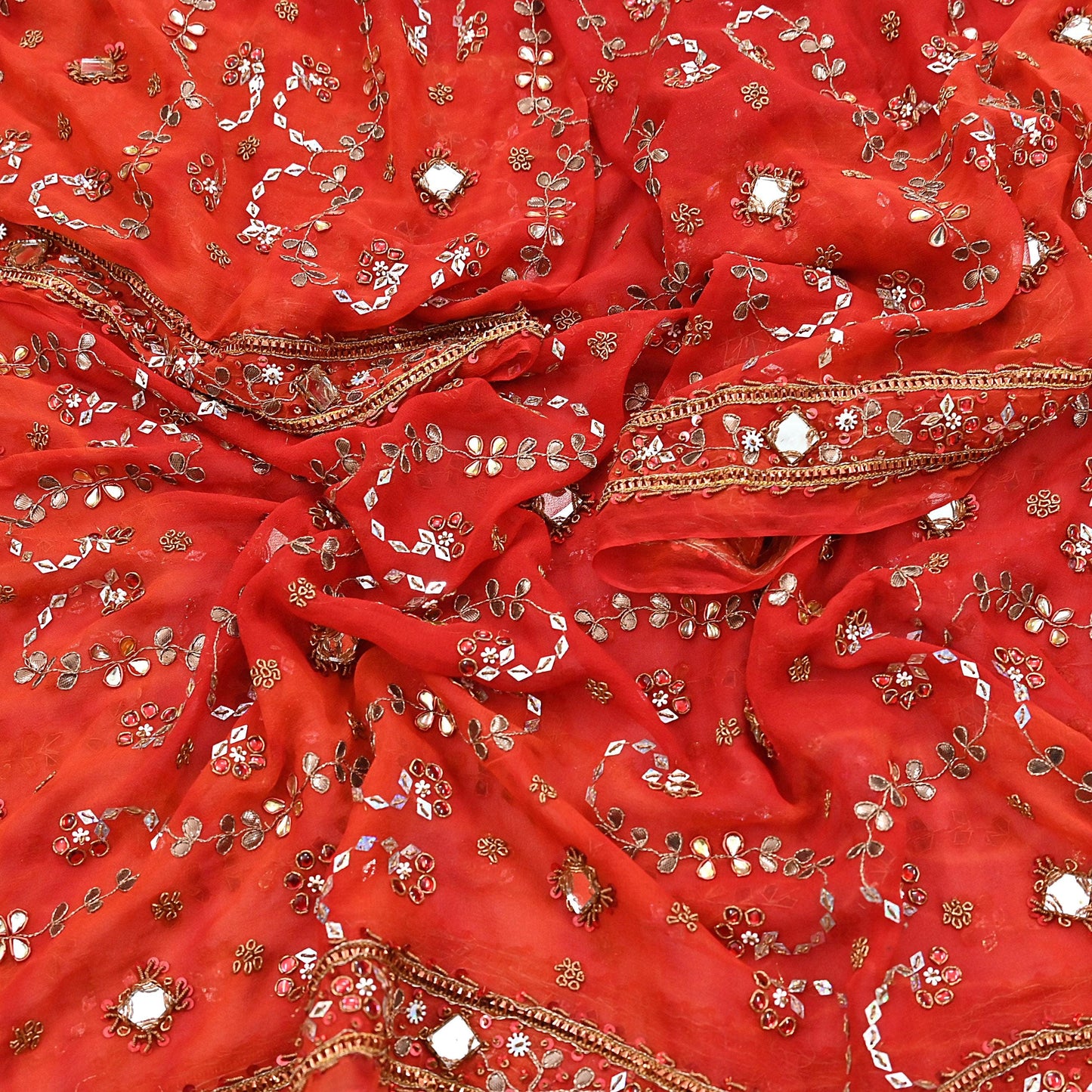 Indian Vintage Heavy orange Dupatta Pure Georgette Silk Long Stole Hand Embroidered Gota Patti Scarves Zardozi
