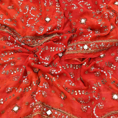 Indian Vintage Heavy orange Dupatta Pure Georgette Silk Long Stole Hand Embroidered Gota Patti Scarves Zardozi