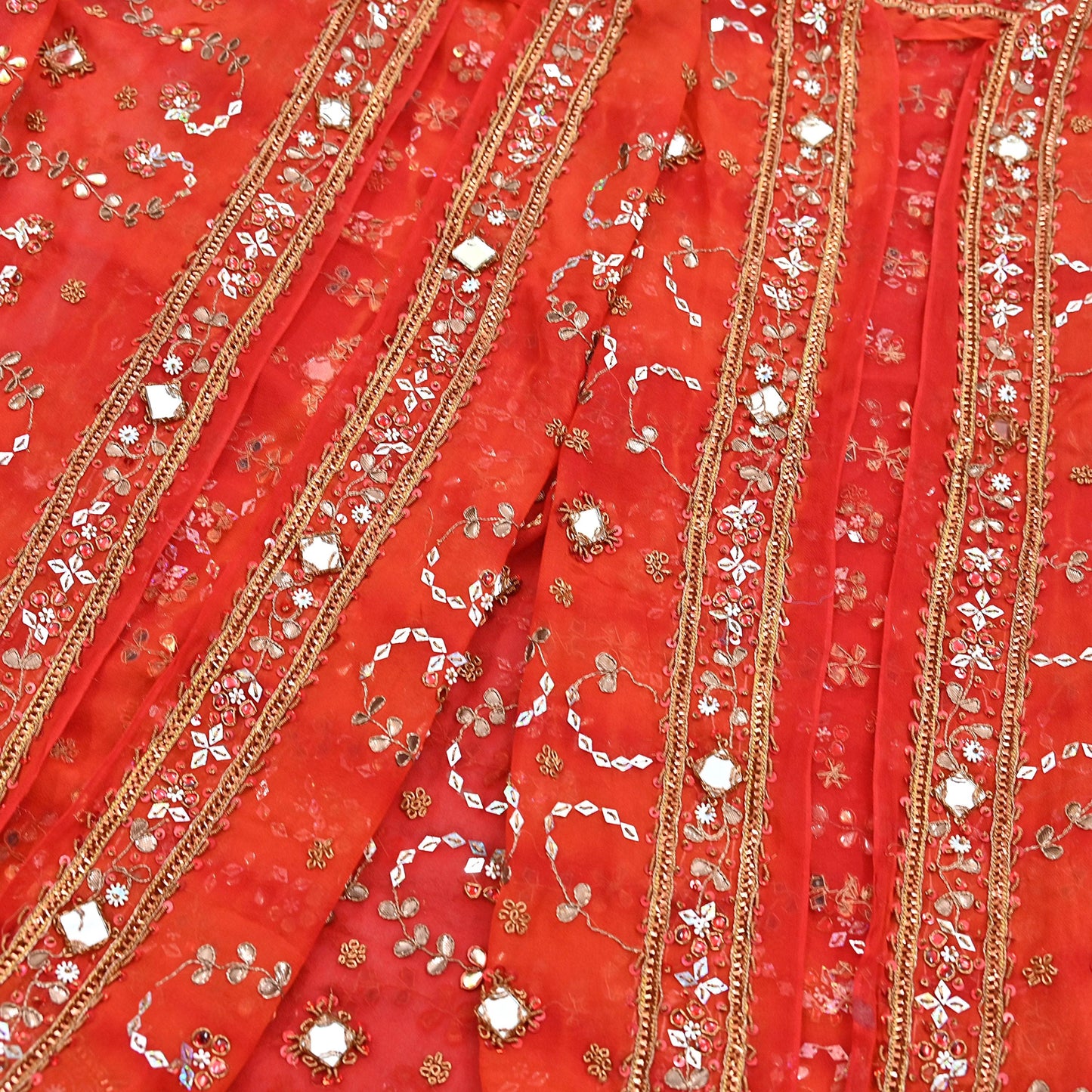 Indian Vintage Heavy orange Dupatta Pure Georgette Silk Long Stole Hand Embroidered Gota Patti Scarves Zardozi