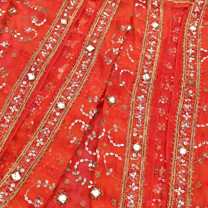 Indian Vintage Heavy orange Dupatta Pure Georgette Silk Long Stole Hand Embroidered Gota Patti Scarves Zardozi