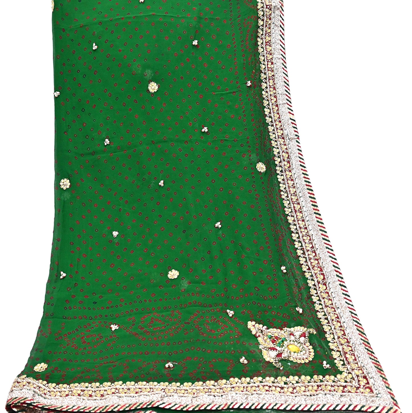 Indian Vintage Green Dupatta Pure Georgette Silk Hand Embroidered Bandhani Veil Scarves Soft Sequins Border