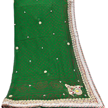Indian Vintage Green Dupatta Pure Georgette Silk Hand Embroidered Bandhani Veil Scarves Soft Sequins Border