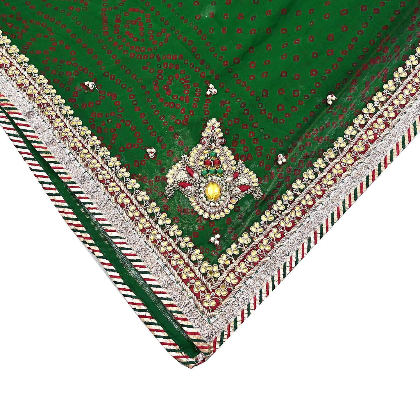 Indian Vintage Green Dupatta Pure Georgette Silk Hand Embroidered Bandhani Veil Scarves Soft Sequins Border