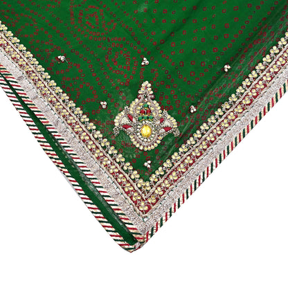 Indian Vintage Green Dupatta Pure Georgette Silk Hand Embroidered Bandhani Veil Scarves Soft Sequins Border