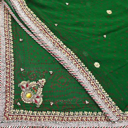 Indian Vintage Green Dupatta Pure Georgette Silk Hand Embroidered Bandhani Veil Scarves Soft Sequins Border