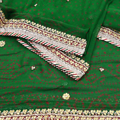 Indian Vintage Green Dupatta Pure Georgette Silk Hand Embroidered Bandhani Veil Scarves Soft Sequins Border