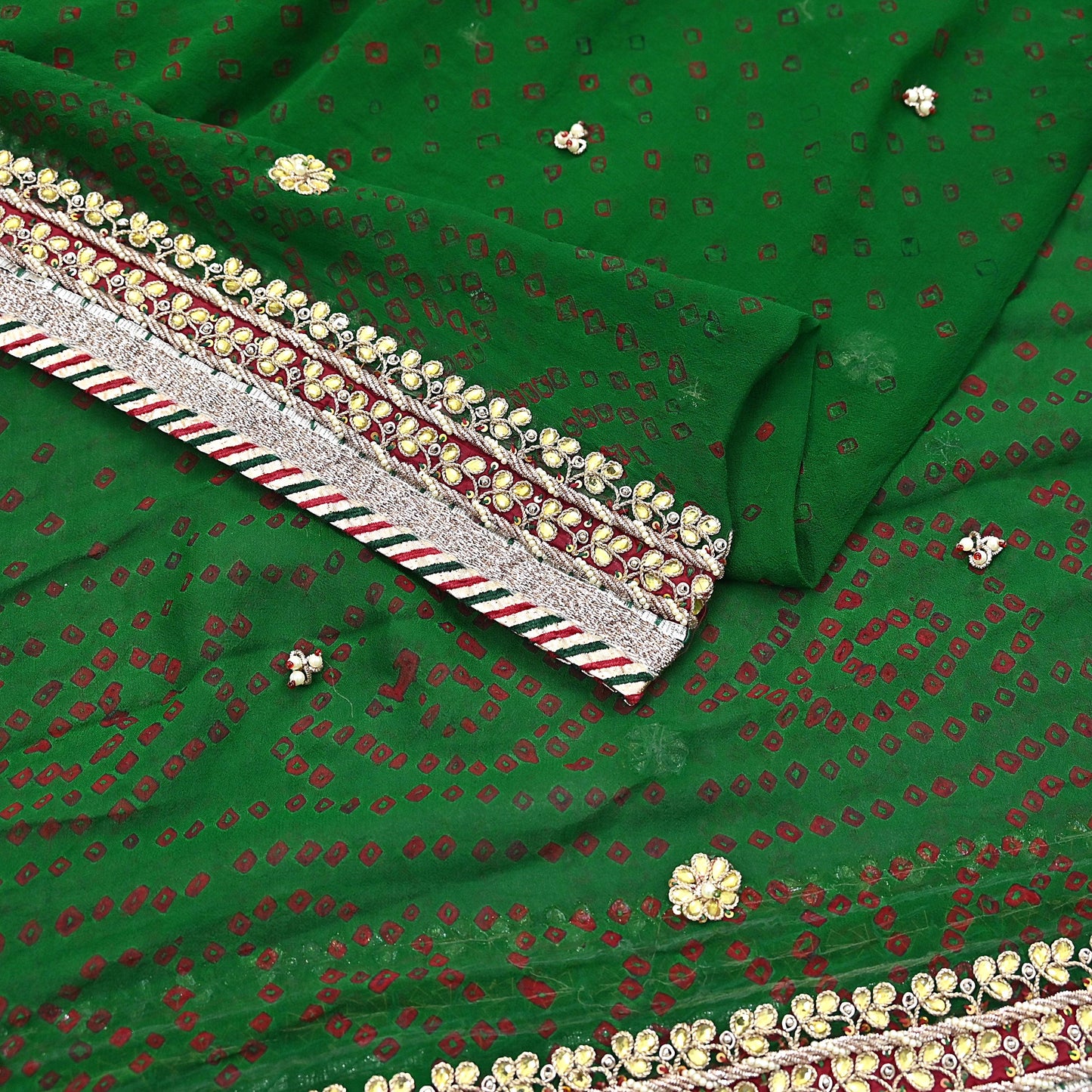 Indian Vintage Green Dupatta Pure Georgette Silk Hand Embroidered Bandhani Veil Scarves Soft Sequins Border