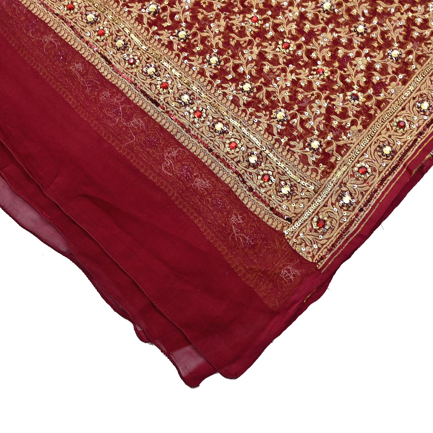 Indian Vintage Red Dupatta Pure Georgette silk Long Stole Hand Embroidered Scarves Stole Veil Wrap Sequins