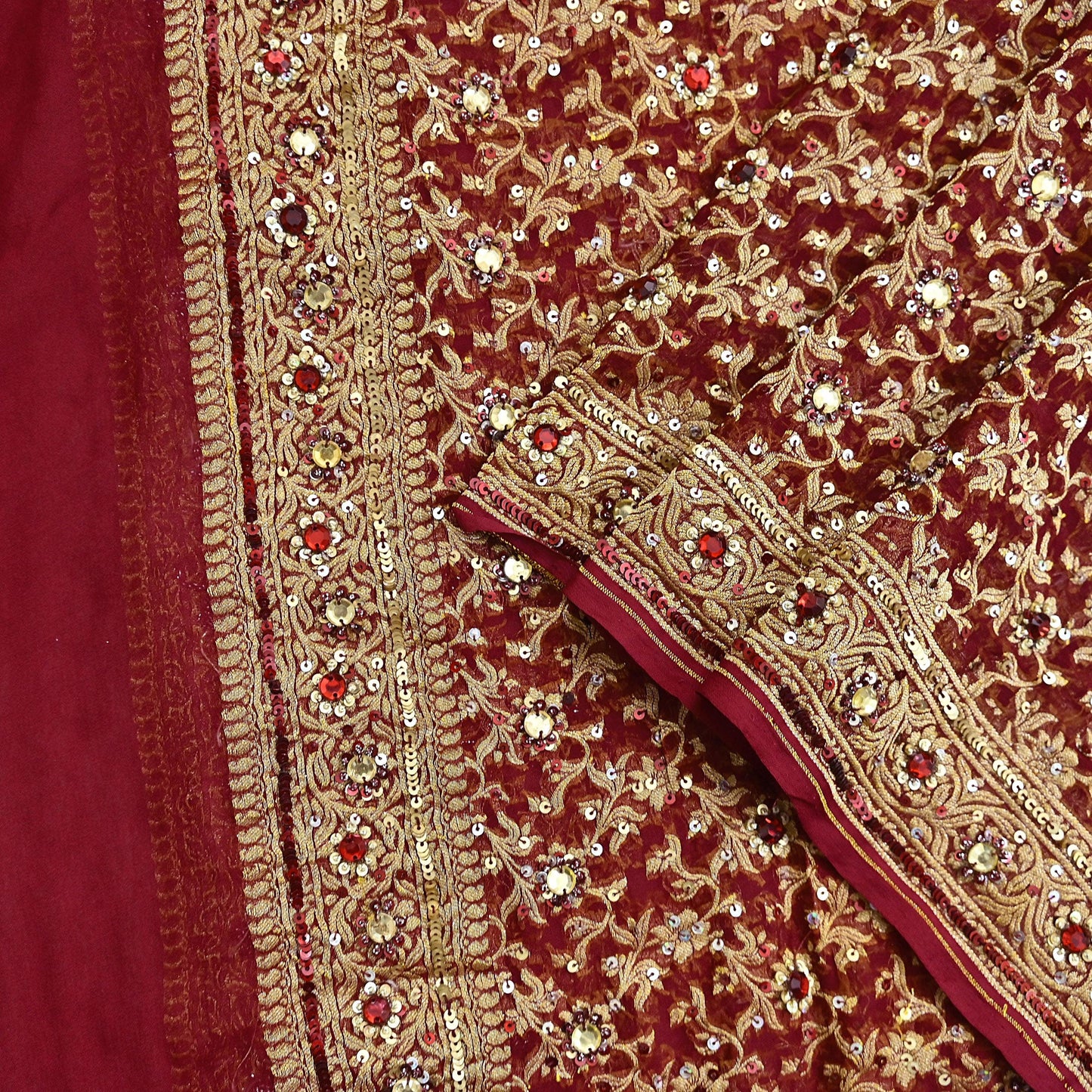 Indian Vintage Red Dupatta Pure Georgette silk Long Stole Hand Embroidered Scarves Stole Veil Wrap Sequins