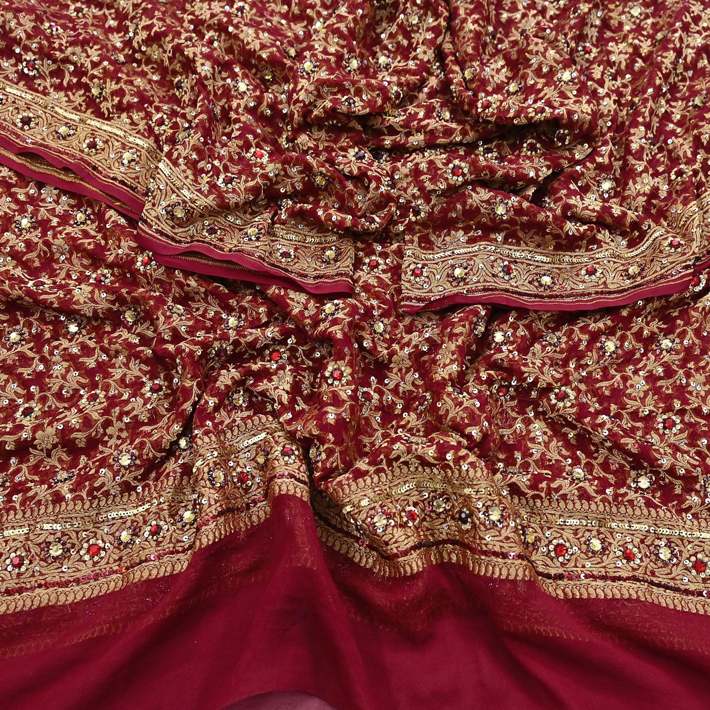 Indian Vintage Red Dupatta Pure Georgette silk Long Stole Hand Embroidered Scarves Stole Veil Wrap Sequins