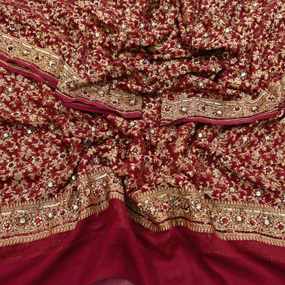 Indian Vintage Red Dupatta Pure Georgette silk Long Stole Hand Embroidered Scarves Stole Veil Wrap Sequins