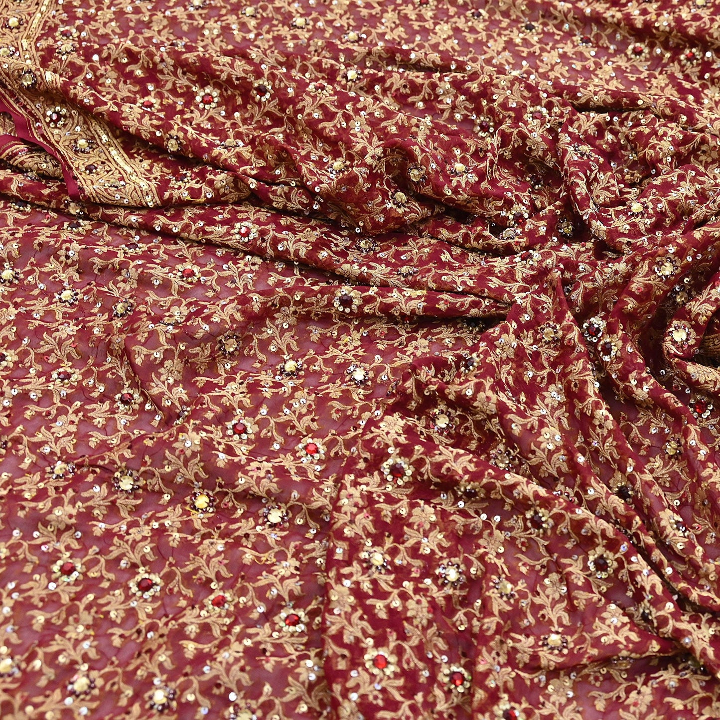 Indian Vintage Red Dupatta Pure Georgette silk Long Stole Hand Embroidered Scarves Stole Veil Wrap Sequins