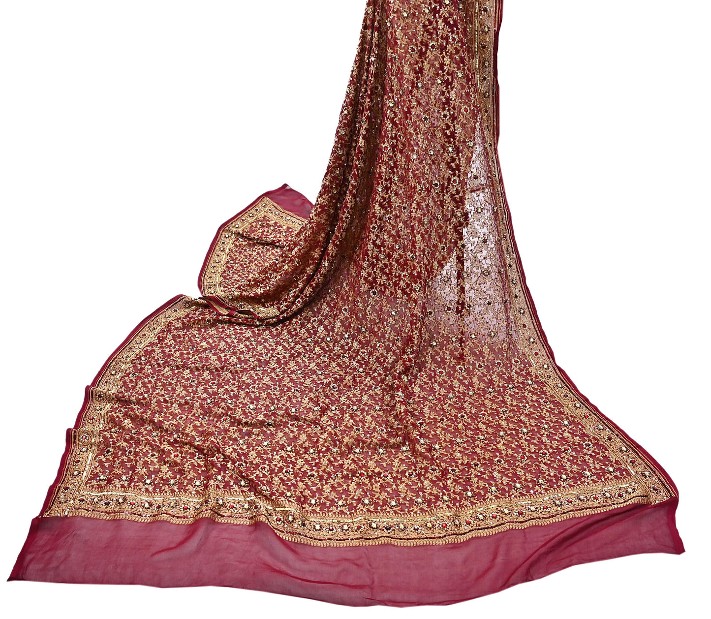 Indian Vintage Red Dupatta Pure Georgette silk Long Stole Hand Embroidered Scarves Stole Veil Wrap Sequins