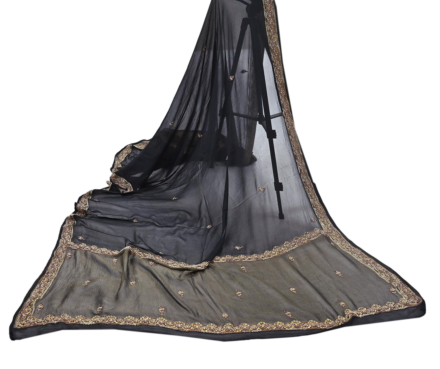 Indian Vintage Black Dupatta Pure Georgette silk Long Stole Hand Embroidered Scarves Stole Veil Wrap Sequins