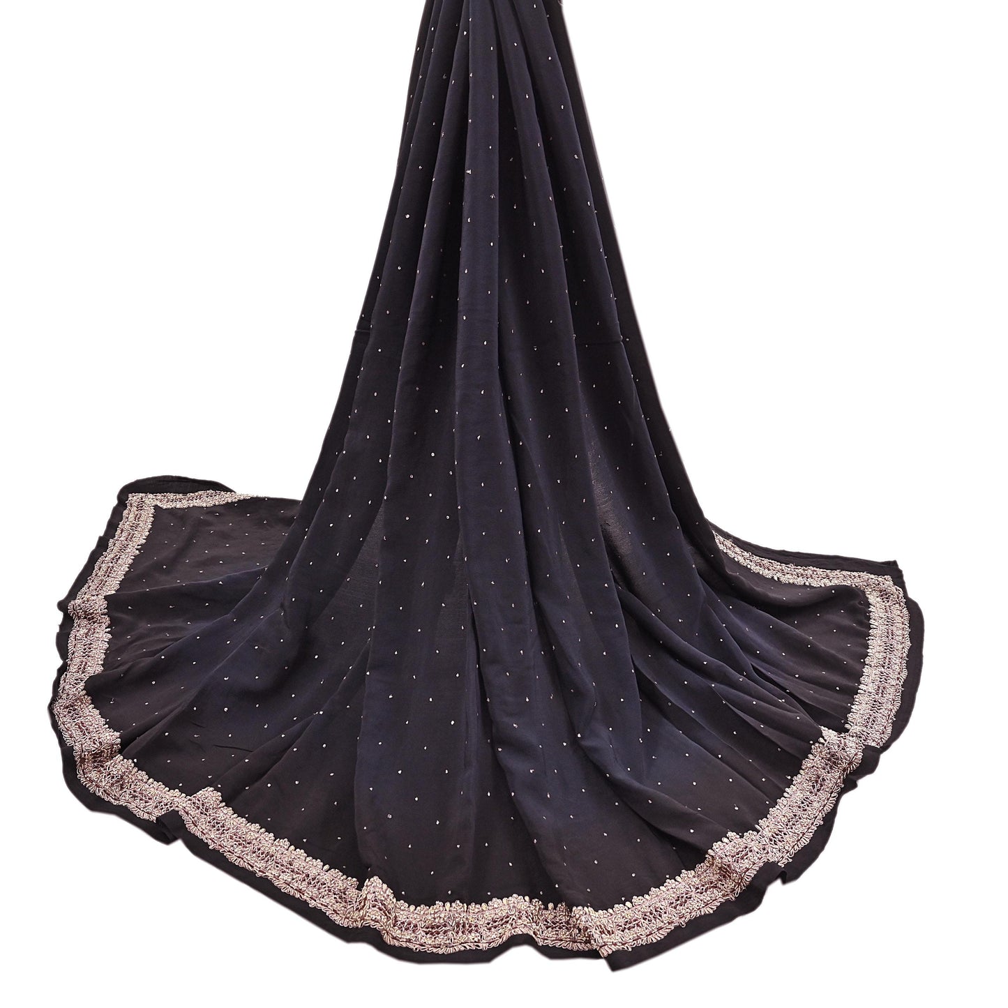 Indian Vintage Black Dupatta Long Stole Pure Crepe Silk Hand Embroidered Scarves Veil Scarf Wrap Hippie Boho Zardozi/ Dabka