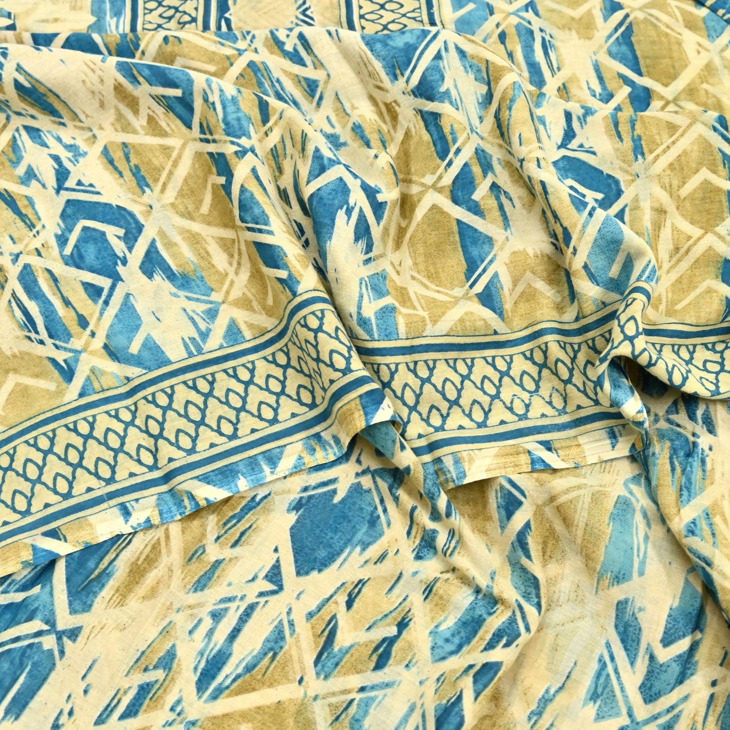 Indian Vintage Sari Green & Ivory Printed Pure Cotton Sarees 5Yd Craft Fabric Soft Sewing Sarong Wrap Boho Upcycle quilting Dress making