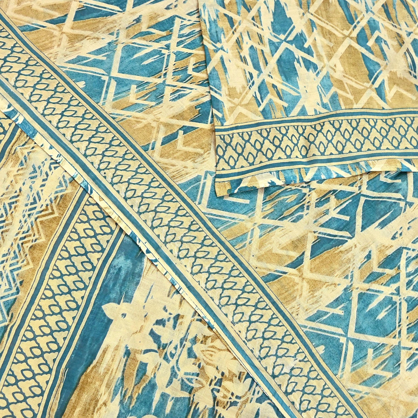 Indian Vintage Sari Green & Ivory Printed Pure Cotton Sarees 5Yd Craft Fabric Soft Sewing Sarong Wrap Boho Upcycle quilting Dress making