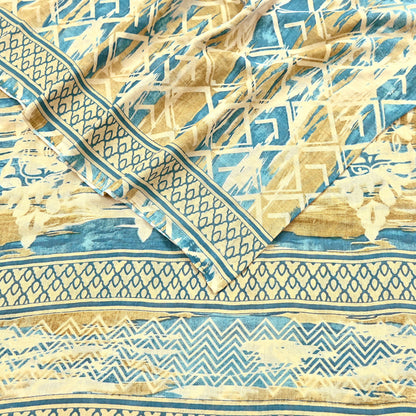 Indian Vintage Sari Green & Ivory Printed Pure Cotton Sarees 5Yd Craft Fabric Soft Sewing Sarong Wrap Boho Upcycle quilting Dress making