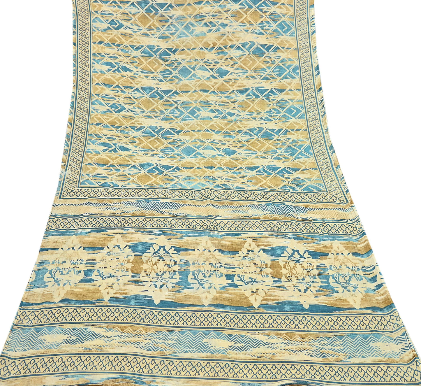 Indian Vintage Sari Green & Ivory Printed Pure Cotton Sarees 5Yd Craft Fabric Soft Sewing Sarong Wrap Boho Upcycle quilting Dress making