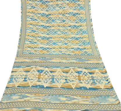 Indian Vintage Sari Green & Ivory Printed Pure Cotton Sarees 5Yd Craft Fabric Soft Sewing Sarong Wrap Boho Upcycle quilting Dress making