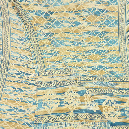 Indian Vintage Sari Green & Ivory Printed Pure Cotton Sarees 5Yd Craft Fabric Soft Sewing Sarong Wrap Boho Upcycle quilting Dress making