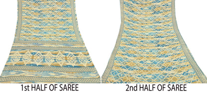 Indian Vintage Sari Green & Ivory Printed Pure Cotton Sarees 5Yd Craft Fabric Soft Sewing Sarong Wrap Boho Upcycle quilting Dress making