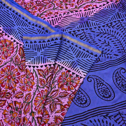 Indian Vintage Sari Blue & Pink Pure chanderi Silk Bagru Printed Sarees Fabric 5Yd Floral Soft Golden Zari Border Ethnic Dress making