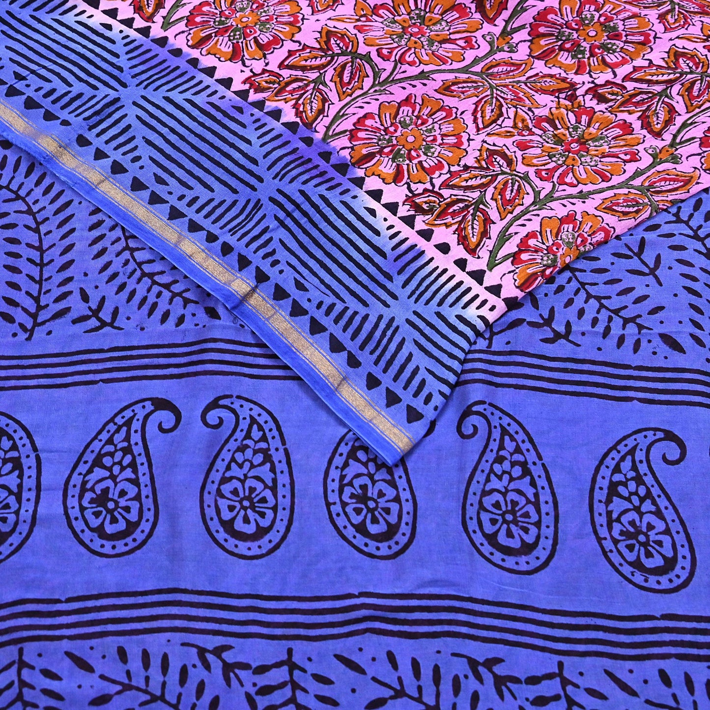 Indian Vintage Sari Blue & Pink Pure chanderi Silk Bagru Printed Sarees Fabric 5Yd Floral Soft Golden Zari Border Ethnic Dress making