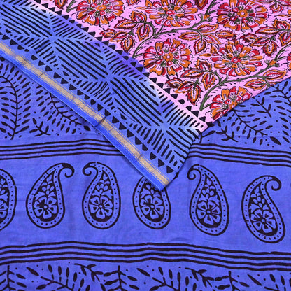 Indian Vintage Sari Blue & Pink Pure chanderi Silk Bagru Printed Sarees Fabric 5Yd Floral Soft Golden Zari Border Ethnic Dress making